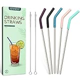 Senneny Set of 5 Stainless Steel Straws with Silicone Flex Tips Elbows Cover, 2 Cleaning Brushes and 1 Portable Bag Included (Silver)- 8mm diameter