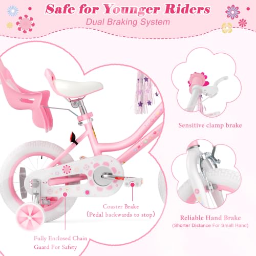 Image of Glaf Toddler Girls Bike for Age 2-12 Years Old | 12 14 16 20 Inch Kids Bike Girls Bicycle with Training Wheels,Basket,Doll Seat,Princess Style Kids Bicycle Gift