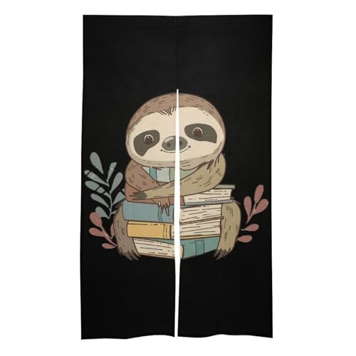 Cartoon Sloth Holding Books Noren Doorway Split Shower Curtain Long Type Window Treatment for Privacy Partition Divider