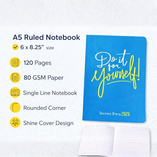Image of Success Diary 2026 A5 Ruled Notebook | Motivational Quote Cover | 120 Pages | 80 GSM Paper | Rounded Corners | Single Line | Daily Writing Journal (Do It Yourself)