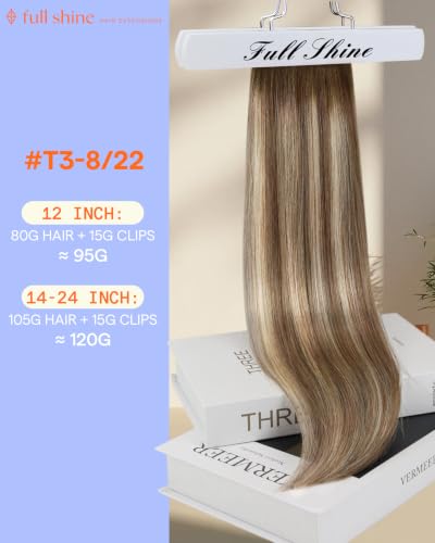 Image of Full Shine Human Hair Clip in Extensions Brown Balayage | Remy Hair Extensions, Balayage Brown to Blonde Ombre, Clip in Hair Extensions, for Thinning Hair, 16 Inch 7 Pcs 120g