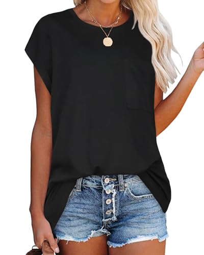 Damen Tshirt Kurzarm Bluse Sommer Oberteile Rundhals Basic Shirt Lässig Tops mit Tasche
