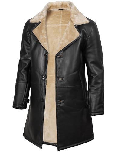 Image of fjackets Shearling Leather Coat Men - Real Lambskin Leather Jackets Mens Sherpa Lined Winter Casual Fur Coats Outerwear