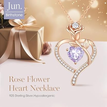 LOUISA SECRET Rose Flower Heart Birthstone Necklaces for Women, 925 Sterling Silver Fine Jewelry, Pendant Heart Necklaces Birthday Anniversary Christmas Gift for Women Wife Mom Girlfriend Lady - Image 5