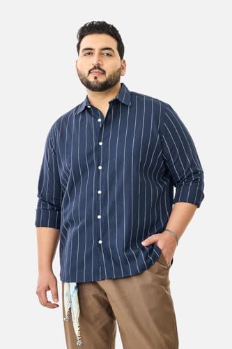 Image of SNITCH Men Casual Plus Size Shirt | Regular Fit Full Sleeve Mandarin Collar Striped Design | Premium Cotton Linen Blend & Breathable Fabric for Office & Everyday Wear