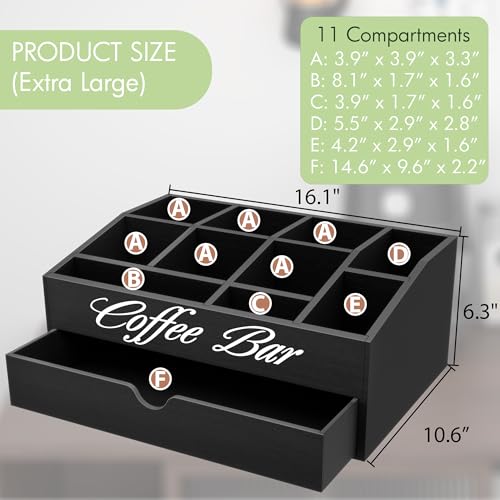 Image of Suli Coffee Bar Station Organizer,Extra Large Wooden Countertop Pods Holder with Drawer,Storage for Condiment Syrup Tea Cups,Rustic Bar Decor for Accessories Organizer (2 Tiers 11 Compartments)-Black