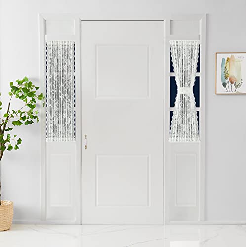 LinenZone - French Door Panels Curtains Floral Design - Semi Sheer Top and Bottom 2.5 inches Pole Pockets with Scalloped Siding - Set of Two Curtains with Two Tie Backs (2 Panels 30 X 40, Ivory)