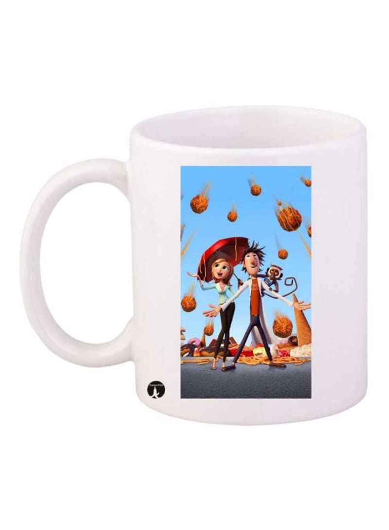 RYNDesign Cloudy With A Chance Of Meatballs Printed Mug White Blue Brown Standard Size