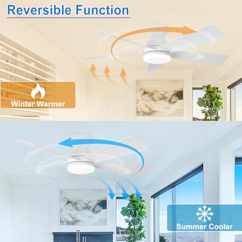 Image of Depuley 42-Inch Ceiling Fans with Lights: Flush Mount Ceiling Fan with Remote Control Indoor /Outdoor - White 5 Blade Low Profile Fandelier for Kitchen Gazebo - Reversible Quiet Timer - 2 Packs