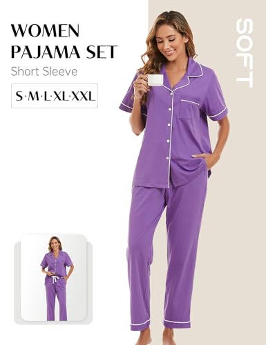 Image of COLORFULLEAF Women's 100% Cotton Pajamas Set Button Down Sleepwear Short Sleeve Shirt and Long Pants Soft Ladies Lounge Sets