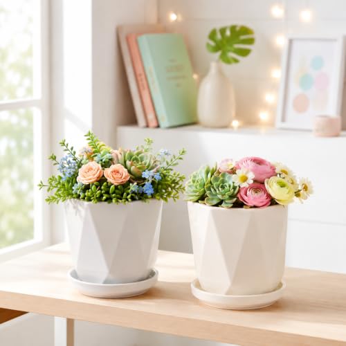 Image of Xtore Refined Geometric Ceramic Planter Set of 2 with Saucers for Home & Office Decor | Faceted Indoor Flower Pots for Succulents, Herbs, Cacti, Living Room, Bedroom (Off-White, Light Grey)