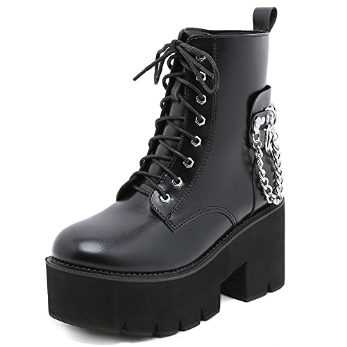 Mikarka XBZ1425-BLACK-36 Women'S Chain Platform Boots Lace Up & Zipper Chunky Heel Black Combat Ankle Booties Fashion Studded Motorcycle Boots cover