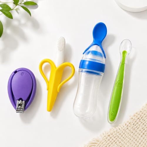 Image of 4-in-1 Baby Feeding & Grooming Essential Set - Includes Silicone Squeeze Feeder Bottle, Banana Teether Toothbrush, Soft-Tip Feeding Spoon, and Safety Nail Clipper - BPA-Free Newborn Essential Kit