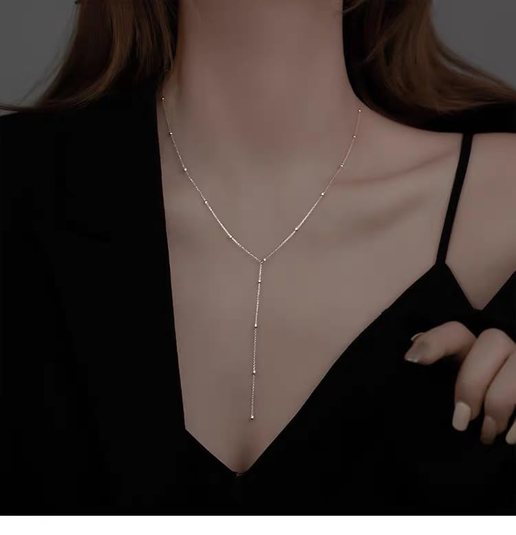 Miniatura 4 de Lariat Necklaces for Women, Dainty Long Y Necklaces 14k Gold Plated Pendant Necklaces Minimalist Beaded Chain Best Idea Gift For Women Girls (Gold)