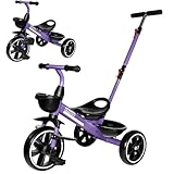KRIDDO 2-in-1 Toddler Tricycle for Ages 18 Months to 5 Years Old - Extended Push Handle for Effortless Push, Gift Trike for Toddler 3 to 5 Year, Kids Tricycle with Foldable Front Footrest, Purple