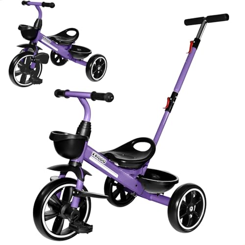 Image of KRIDDO 2-in-1 Toddler Tricycle for Ages 18 Months to 5 Years Old - Extended Push Handle for Effortless Push, Gift Trike for Toddler 3 to 5 Year, Kids Tricycle with Foldable Front Footrest, Purple