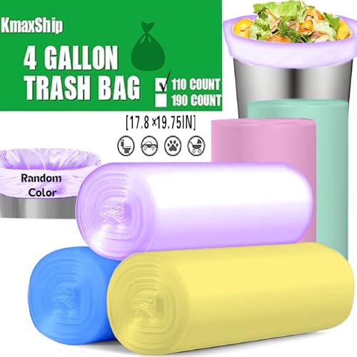 KmaxShip Unscented Trash Bags 4 Gallon 110 Count - Thin But Strong Material - Small Plastic Trash Bag Roll for Office, Bedroom & Bathroom, 4gal Small Garbage Bags - Colorful(Color is Random)