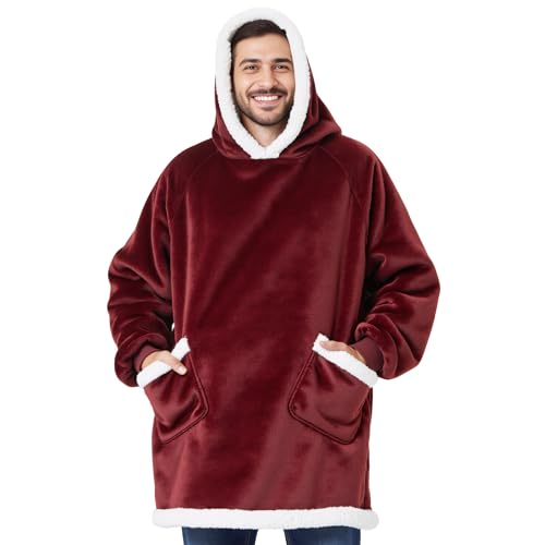 Bedsure Blanket Hoodie, Wearable Blanket for Adults & Kids as Gifts for Women Men, Birthday Gifts for Women Mom Girl Sherpa Oversized Hoodie, Burgundy, Oversize