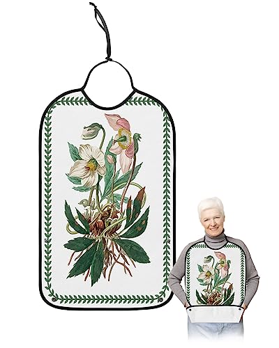 Spring Floral Adult Bibs for Eating, Waterproof Bibs with Food Catcher & Adjustable Snap Closure, Summer Flower Green Tropical Leaves Rustic Clothing Protectors Adult Bibs for Elderly Women/Men