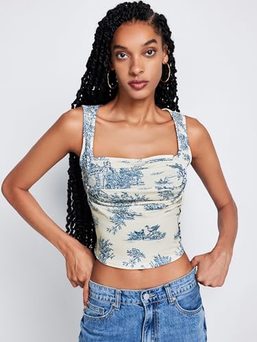 CIDER Women Square Neck Tank Tops Sleeveless Ruched Floral Cute Going Out Summer Trendy Crop Top2