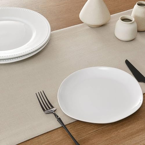 Image of ZeeMart Linen Textured Border Table Runner, 14 x 108 Inch Natural, Farmhouse Style Neutral Table Runners 108 Inches Long, Easy Care Everyday Polyester Table Runner