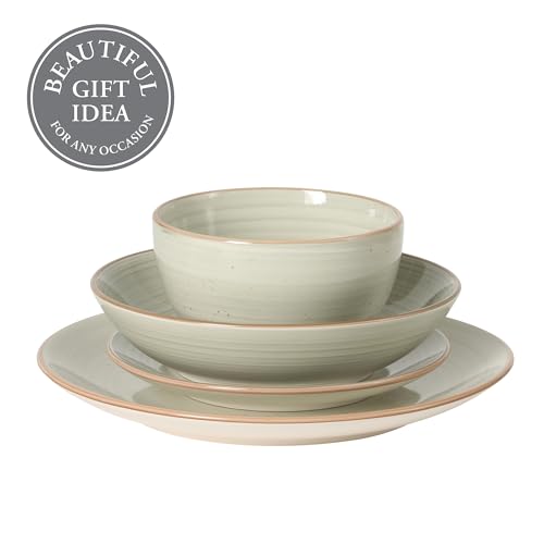 Image of Gibson Home Stonebury 16 Piece Plates and Bowls Cream Grey Dishes - Handpainted Stoneware Dinnerware Set - Service for 4