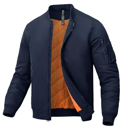MoFiz Hombre Chaqueta Bomber Acolchado Vintage Invierno Cálida Cazadora Bombardero Grueso Abrigo Bolsillos con Cremallera Azul Marino EU 4XL