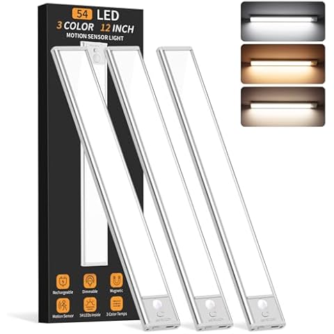 Under Cabinet Lighting Wireless, 54 LED Motion Sensor Light Indoor, 3 Color Dimmable Closet Lights Battery Operated, Rechargeable Magnetic Light, Under Counter Lights for Kitchen, Stairs, Home (3Pack) Cover