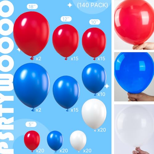 Image of PartyWoo Red White and Blue Balloons, 140 pcs Red White and Royal Blue Balloons Different Sizes Pack of 18 Inch 12 Inch 10 Inch 5 Inch for Balloon Garland as 4th of July Decorations, Party Decorations