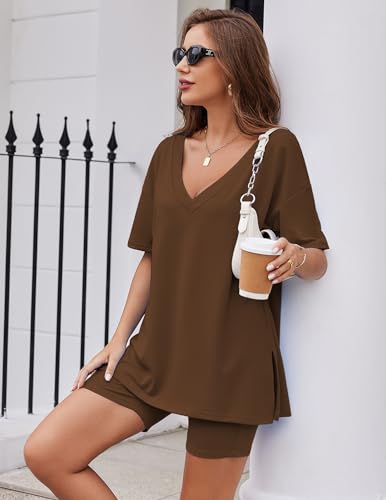 Image of Ekouaer Womens Pajamas 2 Piece Lounge Sets Oversized V Neck T-Shirts Tops Biker Shorts Set Workout Reversible Tracksuit S-XXL