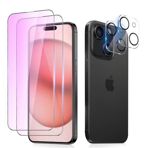 【ブルーライトカット】対応 iPhone15 ガラスフィルム ブルーライト (2枚) + iPhone15 用 カメラフィルム (2枚) アイフォン 15 用 強化ガラス 保護フィルム あいふぉん15 用 フィルム【貼付け簡単/耐衝撃/飛散防止】の商品画像（Amazon）