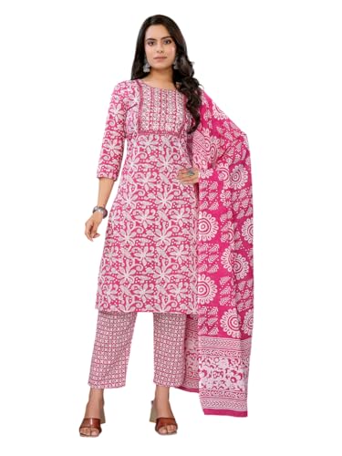Kurta en coton respirant imprimé rose avec pantalon droit longueur genou