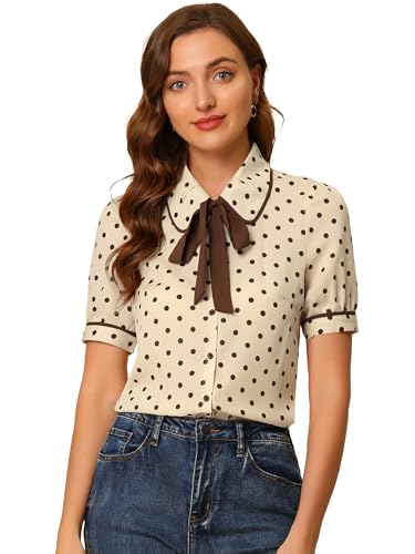 Image of Allegra K Polka Dots Blouse for Women's Peter Pan Collar Bow Tie Neck Puff Sleeve Vintage Shirt Top
