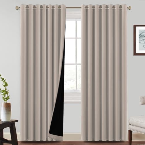 BellaHills 100% Blackout Curtains for Bedroom Thermal Insulated Blackout Curtain Heat and Full Light Blocking Eyelet Curtains for Living Room with Black Liner 2 Panels, 90 x 90 Inch, Natural Sand