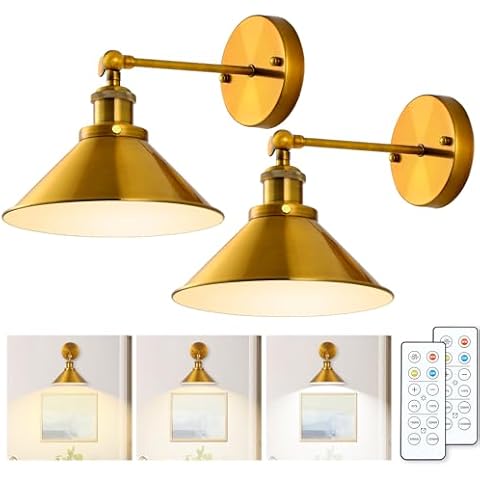 PEESIN Battery Operated Wall Sconces, Wireless Wall Sconces Set of Two Battery Operated, Remote Battery Powered Wall Sconce, Classic Battery Wall Sconce, Brass Wall Sconces for Corridor, Bedroom Cover