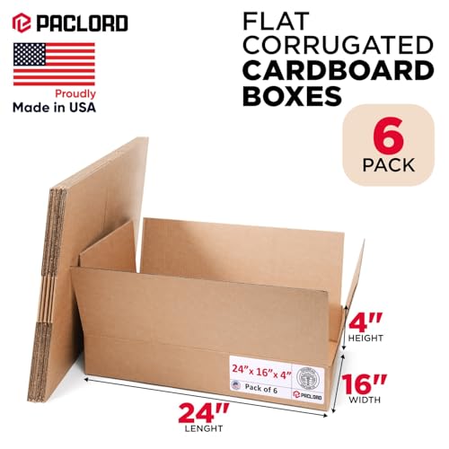 Image of Flat Cardboard Boxes 24 inchL x 16 inchW x 4 inchH (Pack of 6) - USA-Made Packing Boxes for Moving, Shipping, or Storage - USPS, UPS, FedEx Approved - Professional Packing Supplies for Moving
