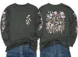 Women's Sleeve Print Flowers T-Shirt Summer Fall Casual Long Sleeve Boho Wildflowers Vintage Botanical Floral Nature Tees Tops(Grey,XL)