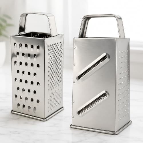 Image of Stainless Steel 4-Sided Box Grater with Handle | Multipurpose Vegetable, Cheese & Fruit Grater for Kitchen | Coarse, Fine, Slice & Shred Options