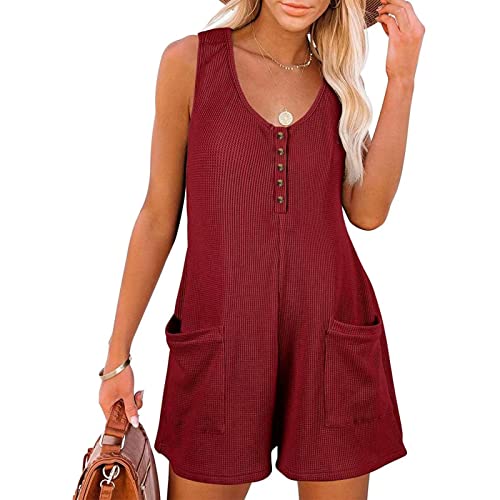 Image of Women's Waffle Romper Jumpsuit Button Front Sleeveless Shorts Casual Summer Overalls with Pockets