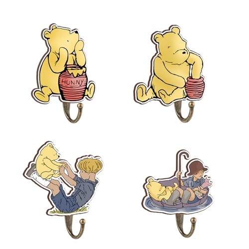 Image of ZsaTuiy Winnie Nursery Bathroom Bedroom Decor, 4 Pcs Honey Winnies Decorative Wall Hooks Wooden Hooks, Winnie Nursery Hook Cute Towel Hanger, The Pooh Home Decoration