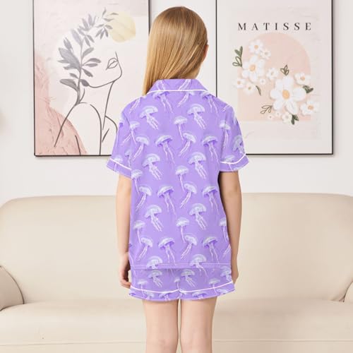Purple Jellyfish Pattern Summer Satin Pajama Set, Cute Button-Down Sleepwear Pj Set for Sleep Wears4