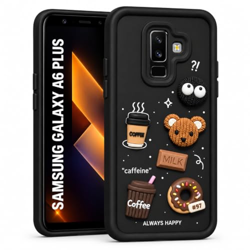 Image of Bintage Back Cover Compatible for Samsung A6+ Plus 4G | Cute Fun Ball | 3D Taddy Smiley Coffee | Milk Case | Full Body Protection - Black