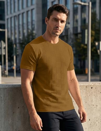 Image of JMIERR Mens T-Shirt Casual Stretch Solid Crewneck Short Sleeve Tees Textured Shirts