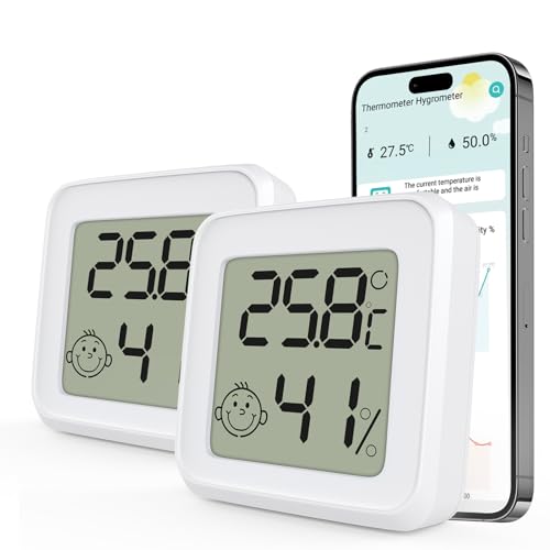 AOOSU Thermomètre Hygromètre Interieur Connecté, 2pcs Numérique Thermomètre Intérieur, Petit Moniteur Capteur de Température et Humidité, Connecté App...