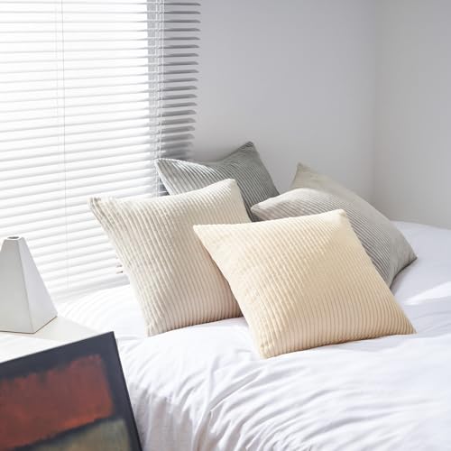 Image of Topfinel 4 Packs Neutral Decorative Throw Pillows Covers 12x12 Inch for Living Room Couch Bed Sofa, Rustic Farmhouse Boho Neutral Home Decor, Soft Plush Striped Corduroy Square Cushion Case 30x30 cm