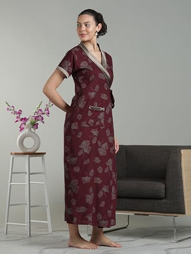 Image of 9shines Label Stylish Cotton Nighty Robe for Women | Front Open Floral Housecoat | Wrap Nighty with Pocket | Adjustable Waist Tie | Plus Size housecoat (HC-2026)