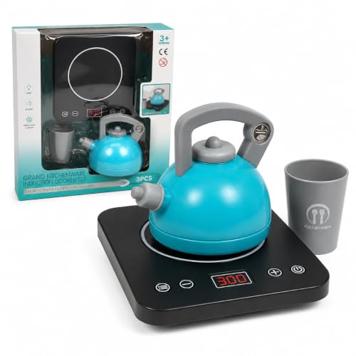 Ensemble de cuisine avec plaque à induction avec lumières et sons réels, bouilloire et gobelet, rose et bleu, cafetière moka, jouet simulateur de cuisson, appareil électroménager, jouet pour enfants