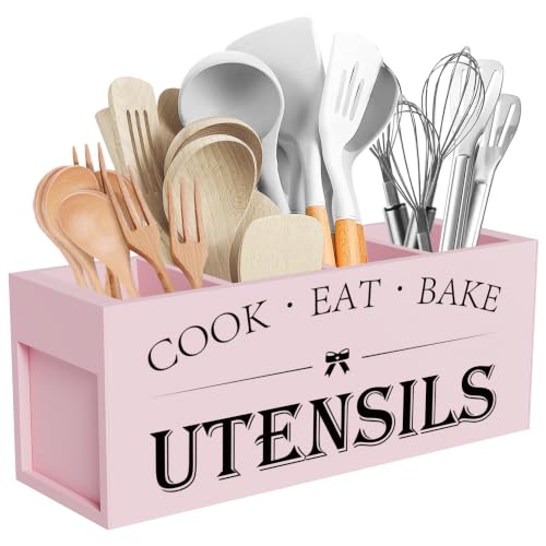 Image of Suli Extra Large Kitchen Utensils Holder with 4 Compartments, Wooden Utensil Organizer for Kitchen Countertop, Farmhouse Kitchen Decor, Rustic Cooking Utensil - Pink