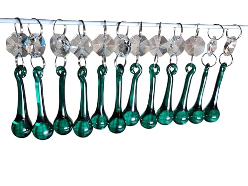 12 candelabros retro vintage de pavo real verde oscuro, gotas de cristal cortados, cuentas de cristal, prismas, adornos de árbol de Navidad, decoraciones de boda, piezas de lámpara de luz (forma de