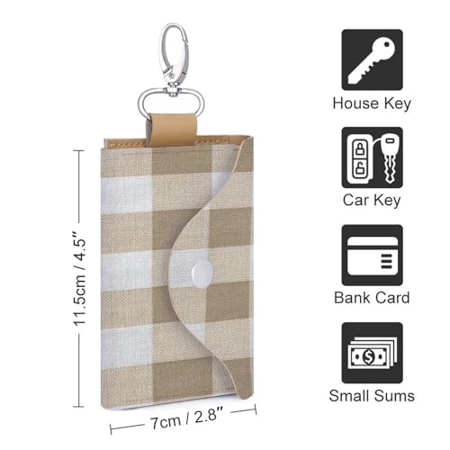 Beige White Fabric Check Pattern Key Holder Bag PU Leather ID Card Holder Keychains Case Cover for Men Women2